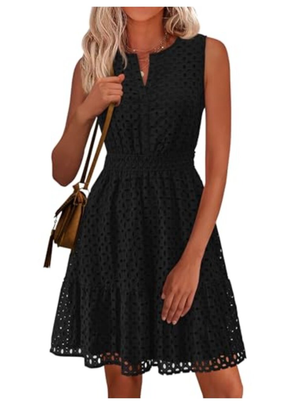 Women's Eyelet A Line Short Summer Dress V Neck Sleeveless Casual Sundress